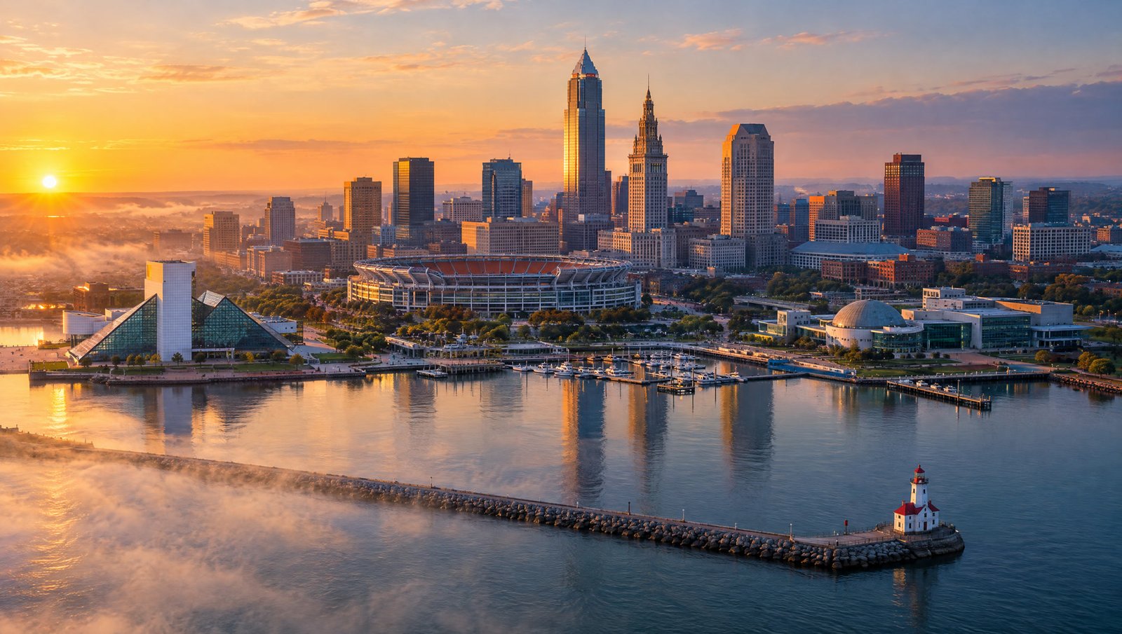 Aerial view of the Cleveland skyline and harbor lighthouse at sunrise