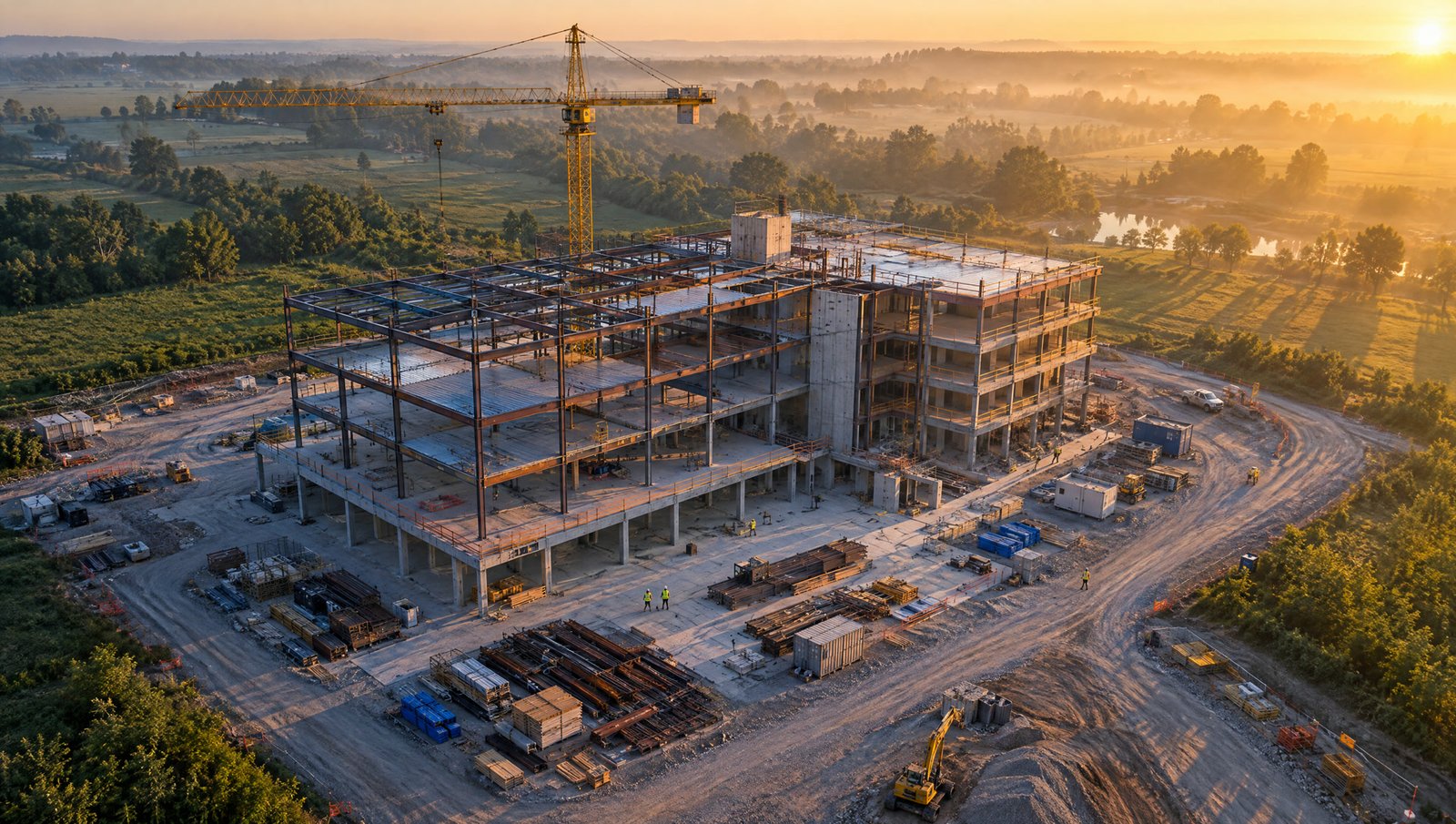 Aerial view of a construction site at sunrise