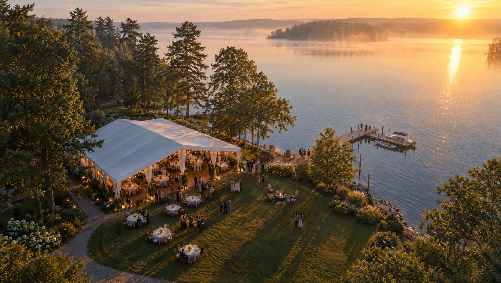Aerial view of a lakeside wedding venue at golden hour