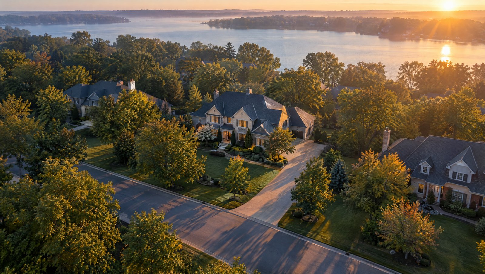 Aerial view of a home and its lot at sunrise